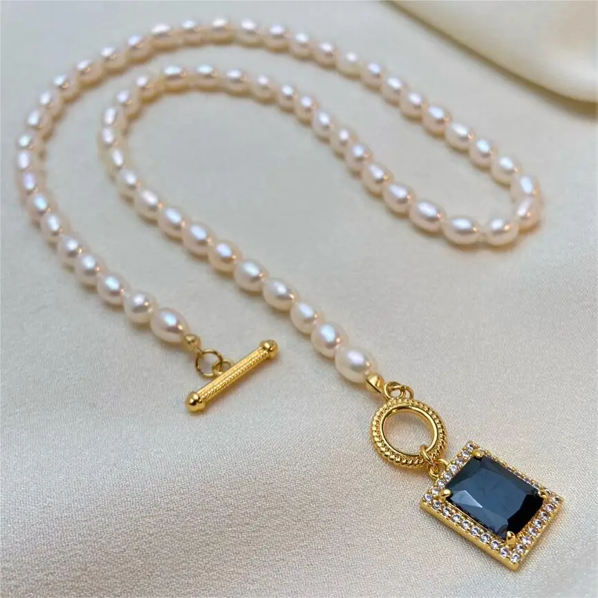 

Natural freshwater pearl luster necklace jewelry Heavy Industry Square Black Zircon Pendant OT buckle stainless steel necklace