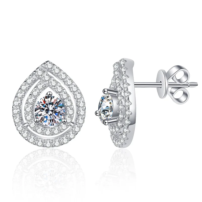 Manufacture Wholesale 0.5Carat Moissanite 925 Sterling Silver Earrings Double Line Pear Shape with Tiny Zircon Waterproof Design