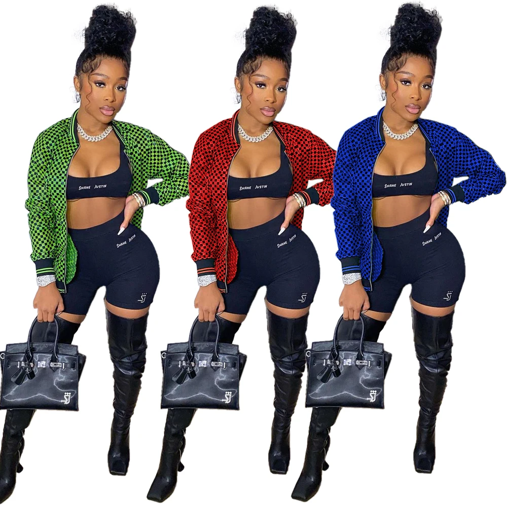 

SHIZAI Fashionable Woman Cool Jacket Winter Lounge Wear Women Checkerboard printed zipper baseball suit racing suit