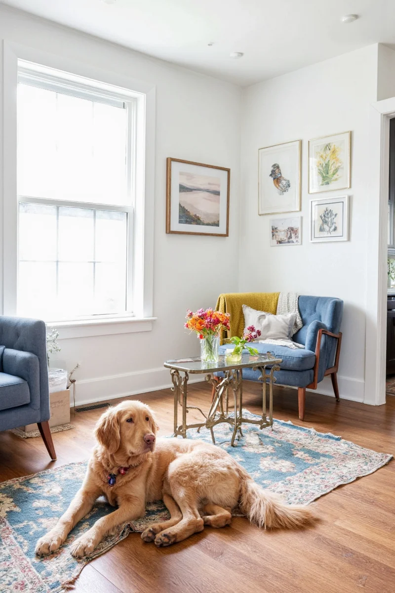 A navy blue Sunbrella fabric sofa with subtle dog hair still brushed off. Stylish and durable for family and pet use.