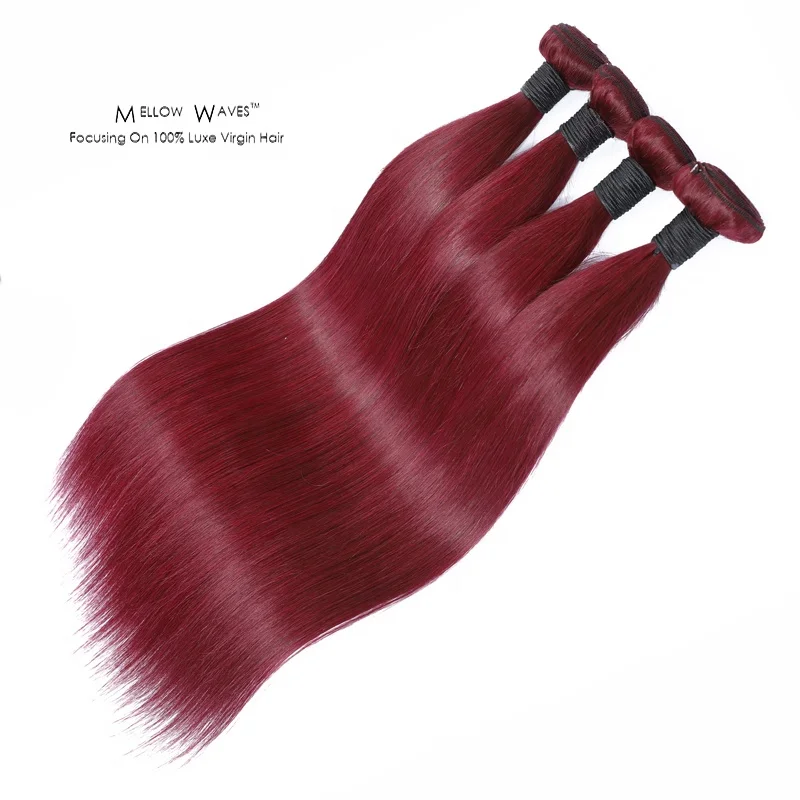 

Mellow Waves Wine Colour 99J Straight Human Hair Weave Bundles Indian Virgin Remy Hair Colored Weaving Bundle For Black Women