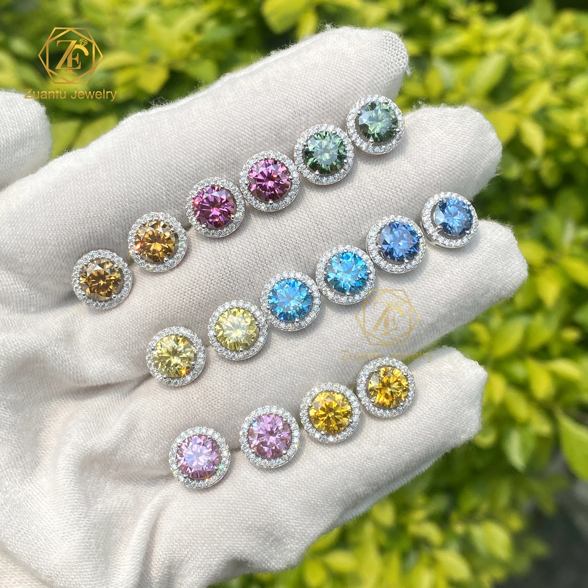 Fine Jewelry Women Luxury Gold Plated 925 Sterling Silver Iced Out 1CT 6.5mm VVS Moissanite Diamond Halo Stud Earrings