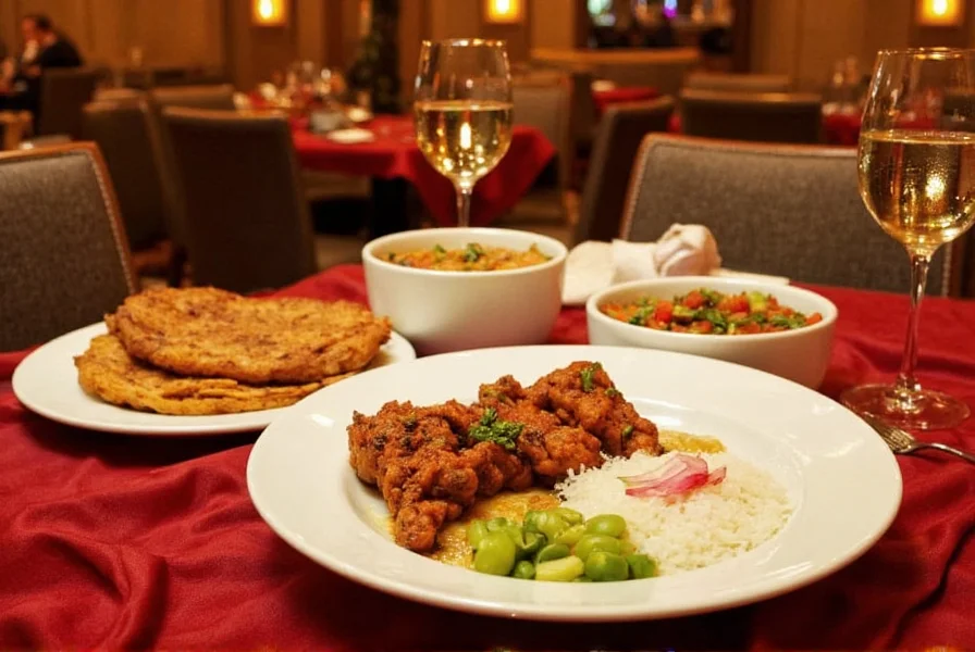 Colorful presentation of Indian dishes at Saffron Las Vegas including butter chicken and naan bread