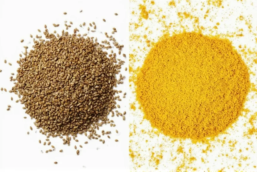 Close-up comparison of mustard seeds and common substitutes including turmeric, wasabi powder, and celery seeds arranged in small bowls