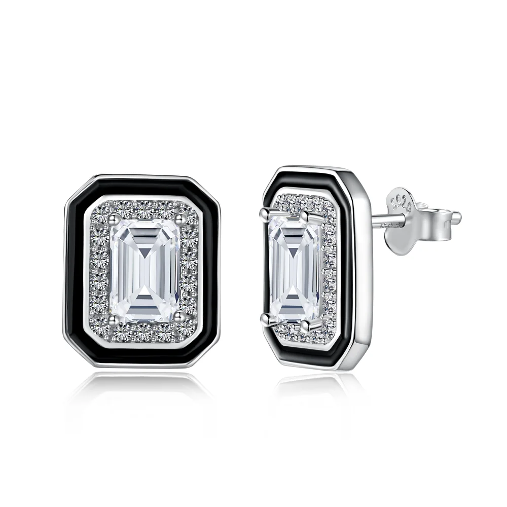 Dylam High Quality 925 Sterling Silver Rhodium Plated Emerald Cut Moissanite Diamond Rectangle Enamel 5A Zirconia Stud Earrings