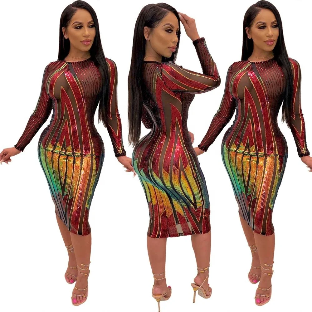 

B34553A 2019 Winter High quality Sexy see through party club sequin dress, Shown