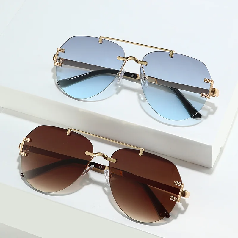 

40009 Oversized Metal Double Bridges Men Sunglasses Fashion Rimless Clear Ocean Gradient Lens Eyewear Women Shades UV400