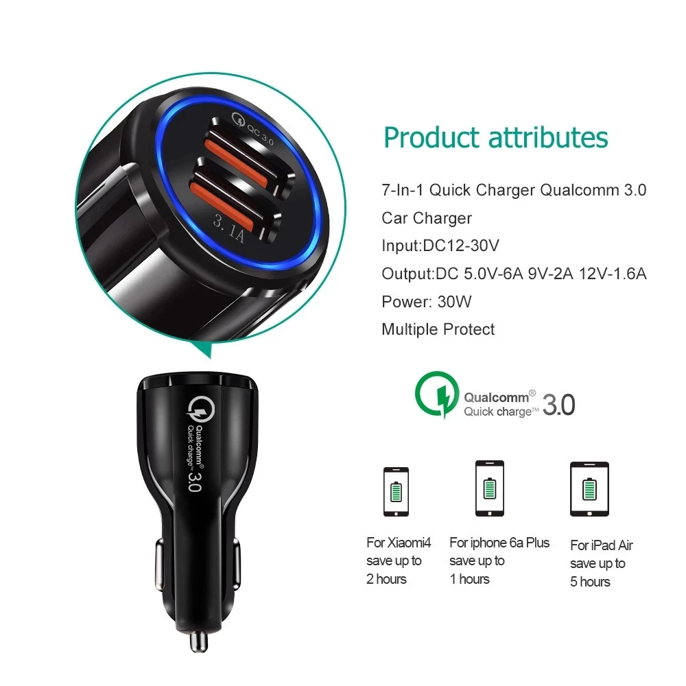
CE/Rosh/FCC Cigarette Lighter Charger QC3.0 3.1A 2 Port Quick Charging Adapter USB Car Charger for mobile phone 