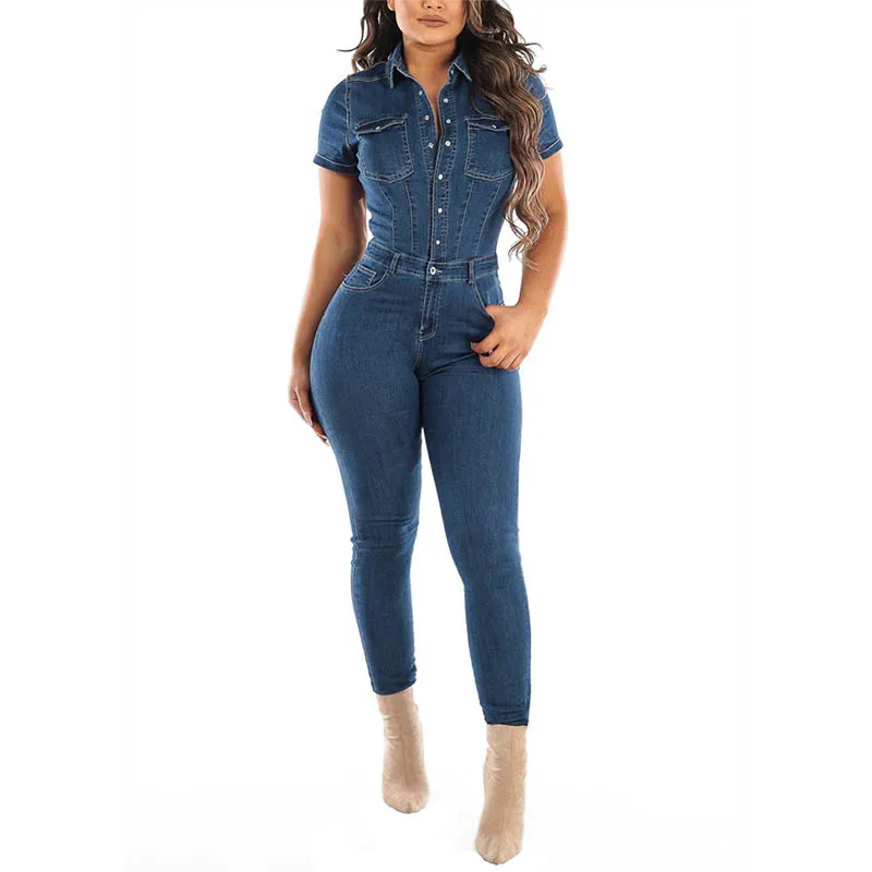 

L56091 Casual Button Turn-down Neck Denim Jumpsuit