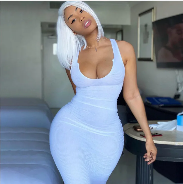 

Rib Knitting Round Neck Casual Dress Sleeveless Bodycon Maxi Elegant Women Solid Outfit 2021 Summer Casual Party Long Dress, White black light-blue orange brown pink yellow red