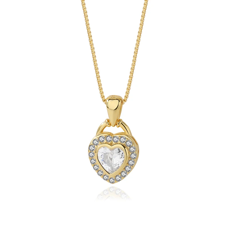 

Dainty Cubic Zirconia Micro Diamond Pave 925 Sterling Silver Gold Plated Love Heart Shape Lock Pendant Necklace