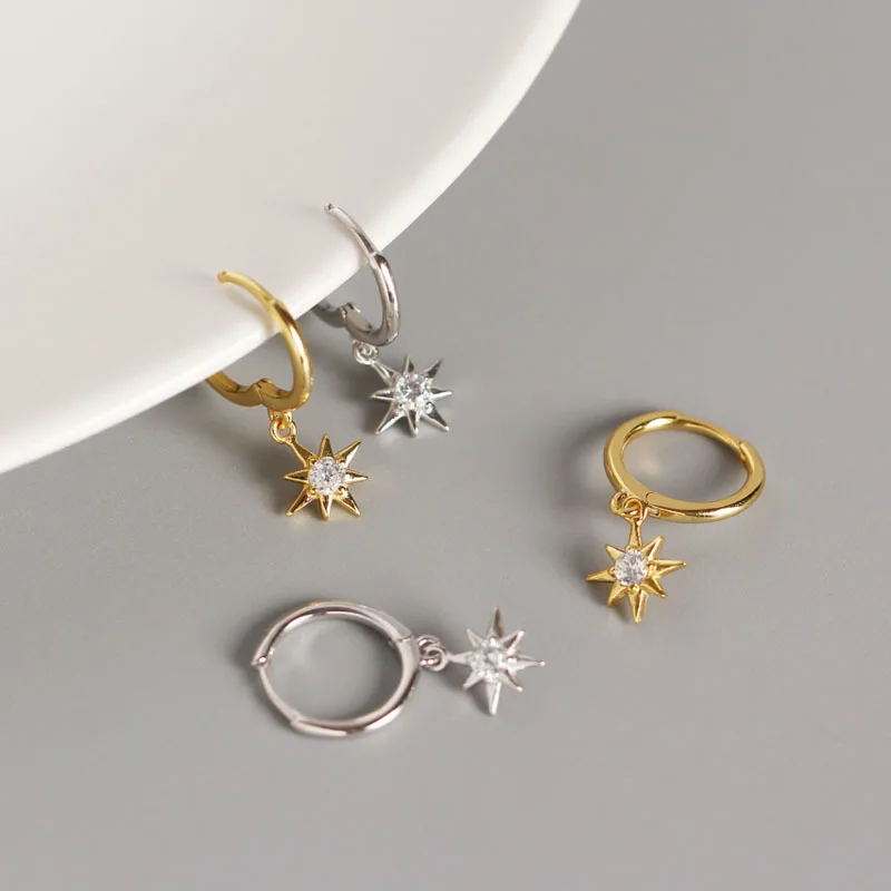 

High Quality Antique Gold Plating S925 Cubic Zircon Star Drop Earrings 925 Sterling Silver Star Huggie Earrings
