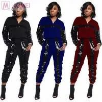 

B1022 new black sequin splicing solid casual sports Two Piece Set Women Clothing Pants