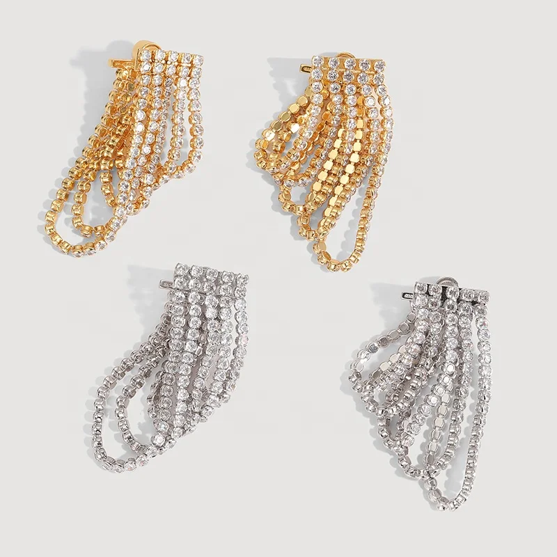 

Gold And Silver Long Multi-layer Tassels Diamond Waterfall Tassel Earrings Women, Picture shows