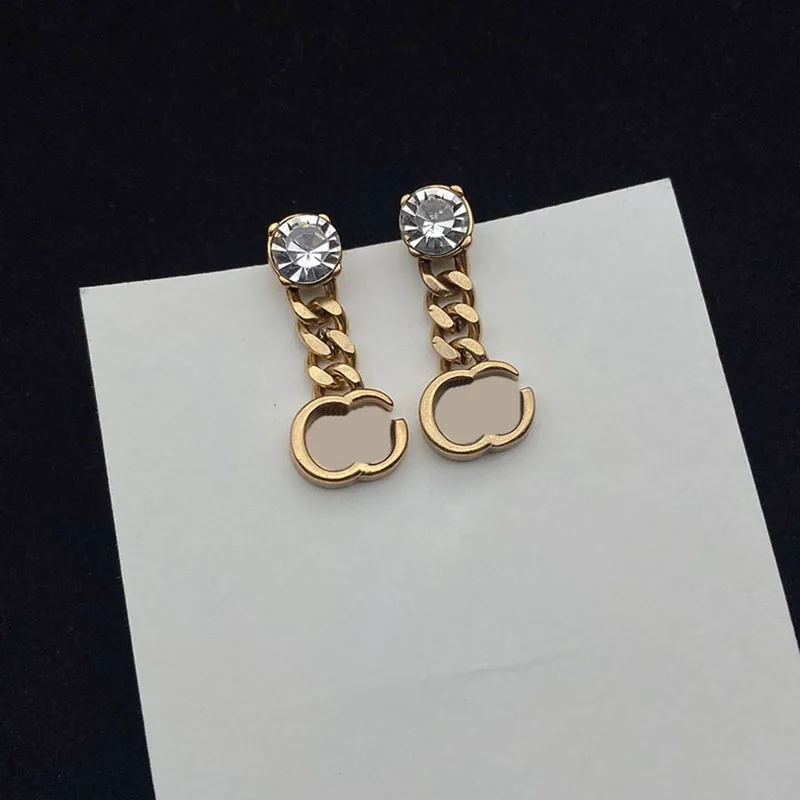 

INS Lady Rhinestone Earrings Classic Double Letter Brass Eardrop for Gift