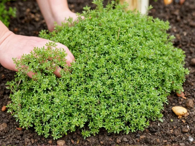 Creeping thyme seedlings emerging in garden