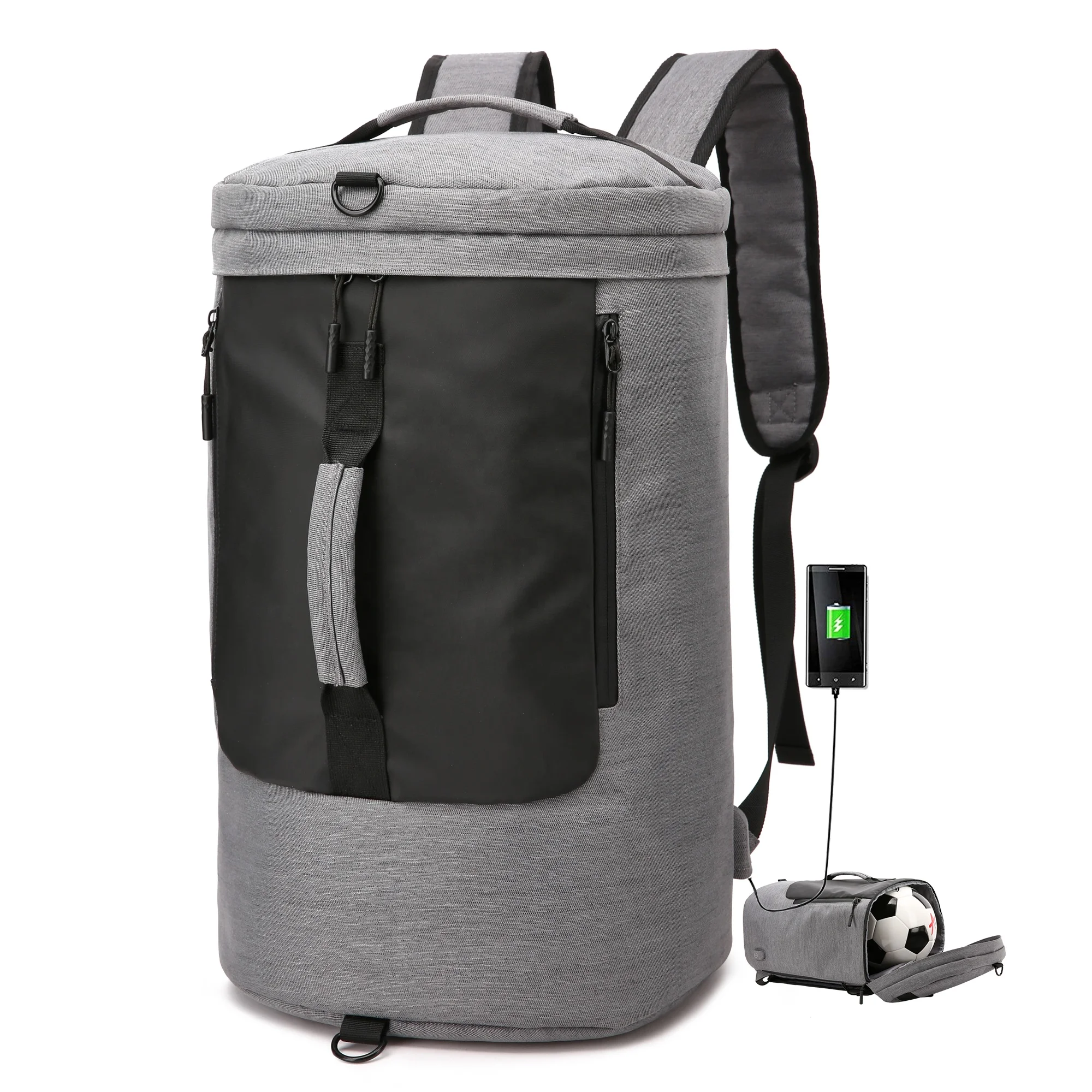 

New arrival 40L travelling backpack with usb cylinder bag custom duffle bag sport, Grey, black