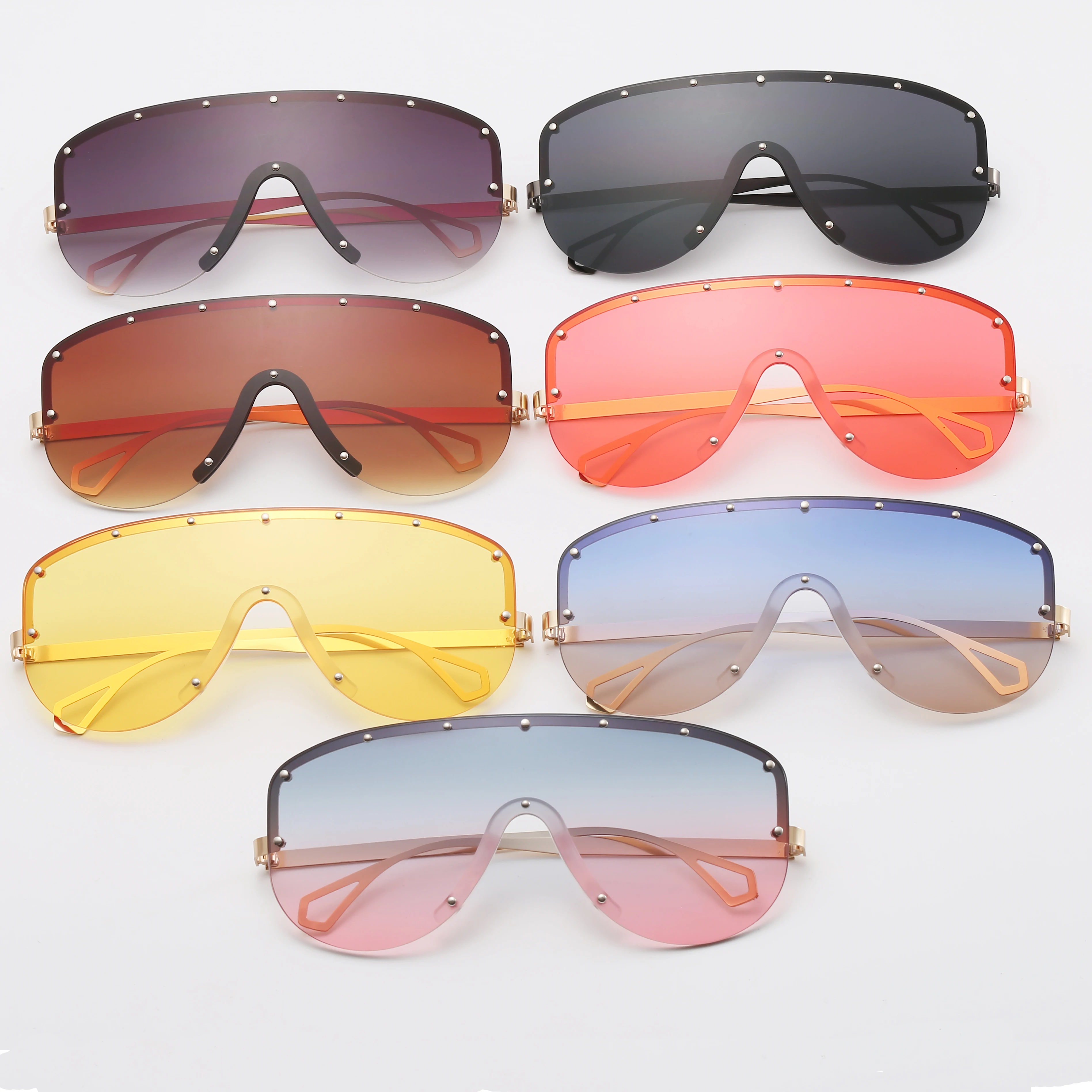 

Fashion Metal Half Frame One Lens Rivet Colorful Oversized Sunglasses