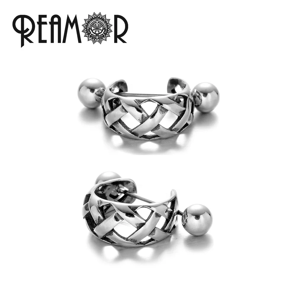 

REAMOR Women Men Braided Pattern Hoop Cuff Earrings With Piercing Stud Ear Jewelry Wholesale for Men and Women Earrings, Silver color