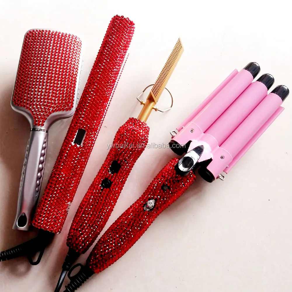 

hot sale salon toolw set Luxury crystal crimps and flal iron and bruhs and hot comb set