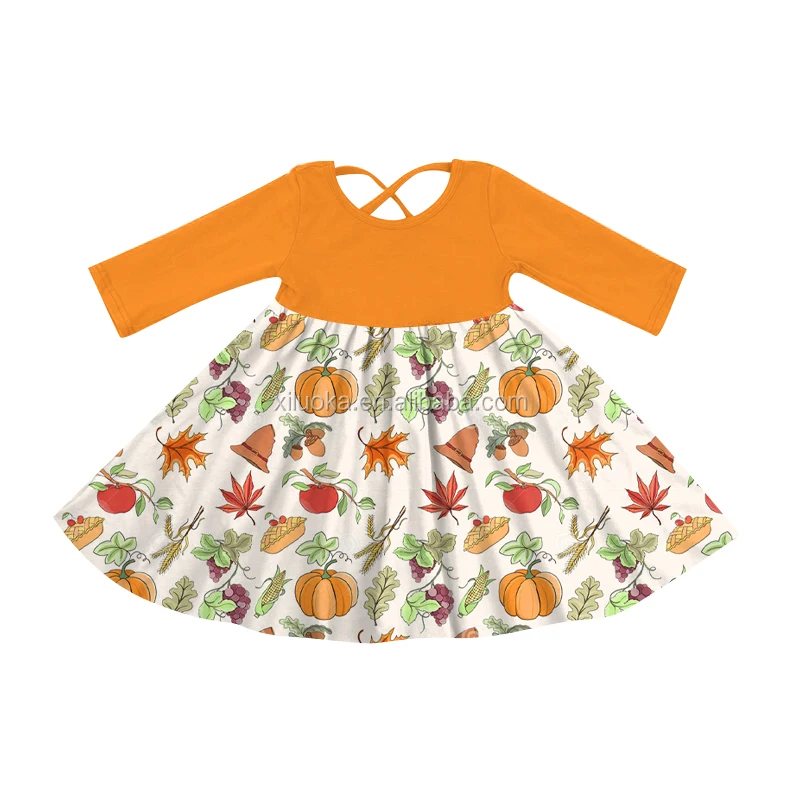 

New Design Children Fall Clothes Pumpkin Print Long Sleeve Halloween Girl Twirl Dress, Picture