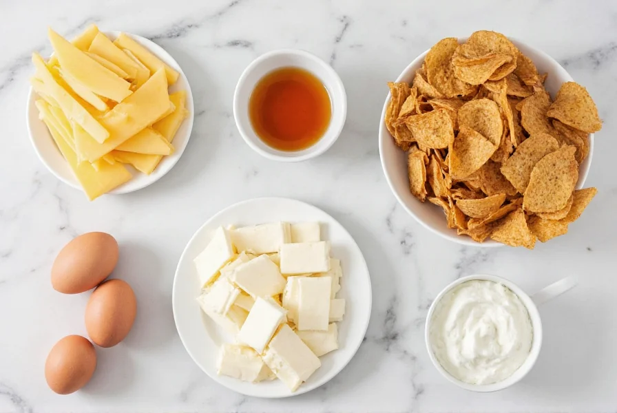 Ghost pepper cheese recipe ingredients: cheese slices, honey drizzle, tortilla chips, and cooling side items on marble countertop