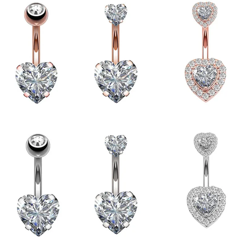 

6Pcs/Set Heart Zircon 316L Steel Piercing Belly Ring Navel Styles Fashion Rings Jewelry Sexy Belly Button Pierced, Silver,rose gold