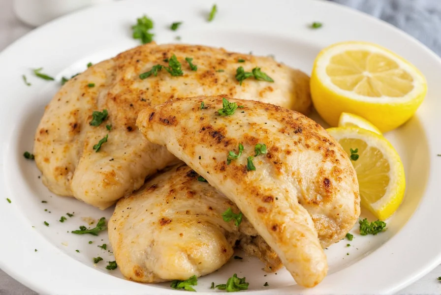 Perfectly cooked lemon pepper chicken breasts with lemon slices and fresh herbs on white plate