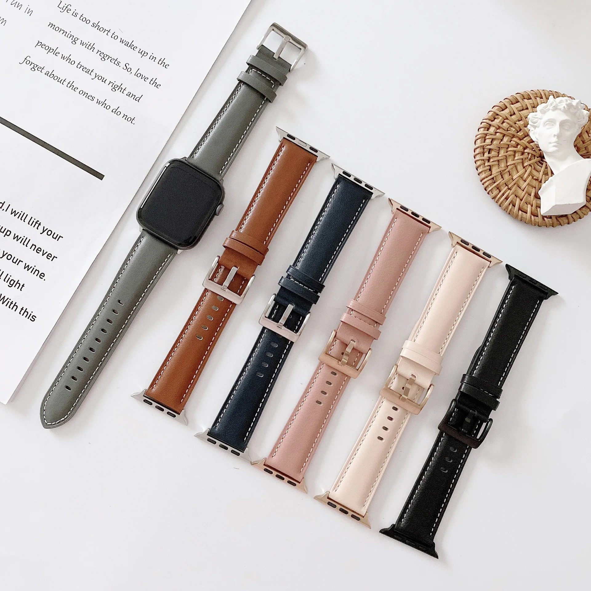 

2021 Genuine Leather Watch Bands for Apple Watch Series SE 6 5 4 40mm 44mm Wrist Strap for iWatch 3 2 1 38mm 42mm Man Women, 6 colors