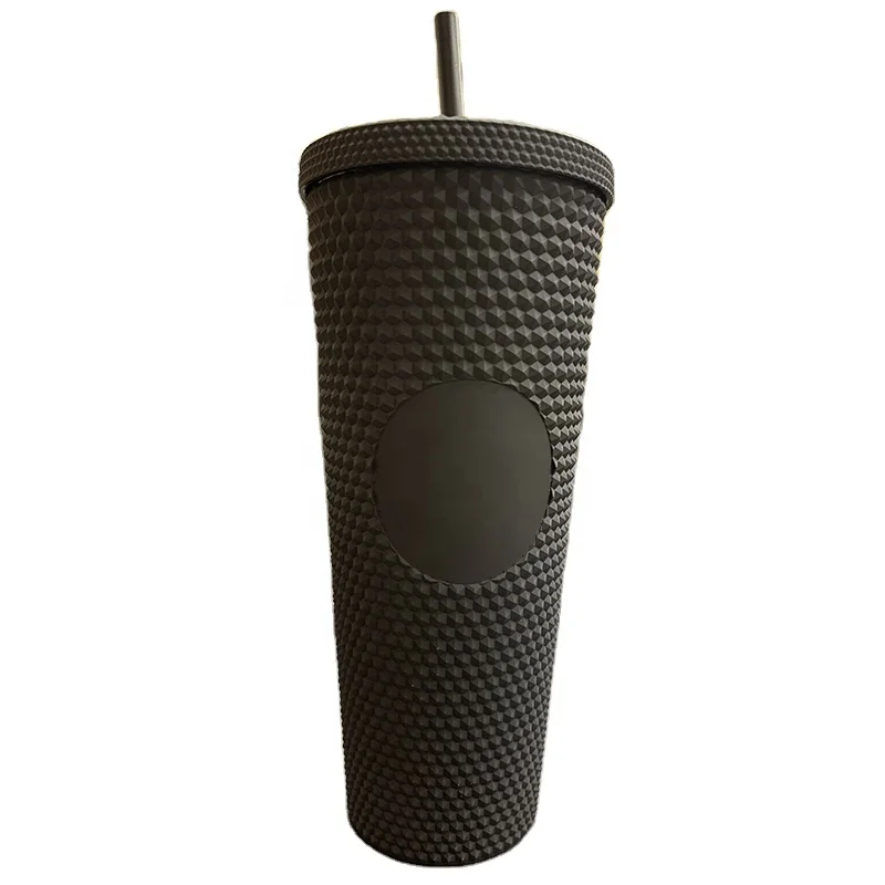 

New Arrival 24OZ Double Wall Matte Plastic Reusable Bulk Studded DiscoBall Grid Pineapple Cup with lid straw