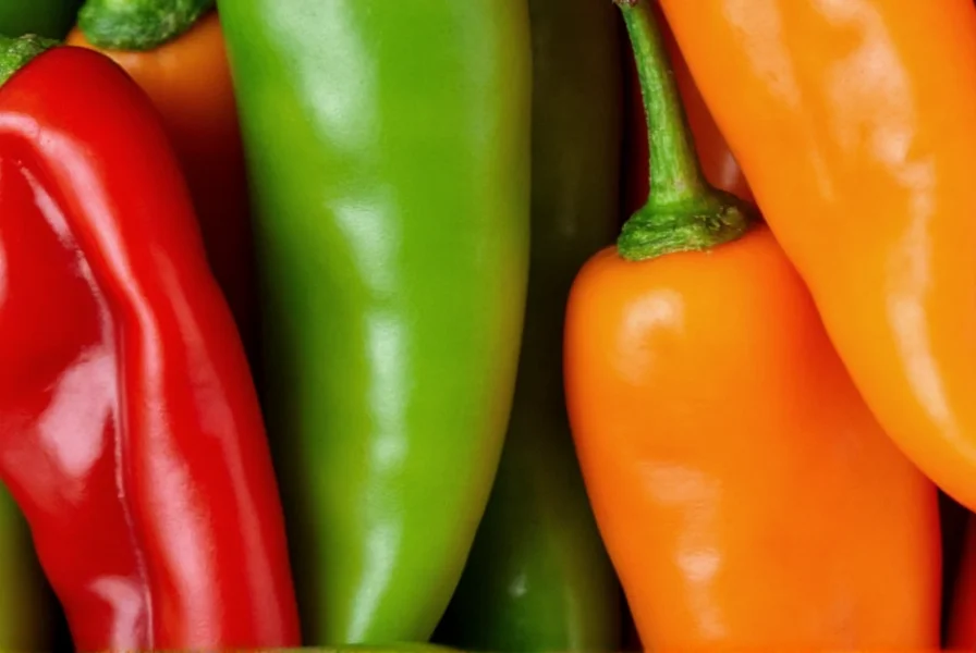 Close-up view of various chili pepper types showing different colors and shapes including red jalapeño, green serrano, and orange habanero