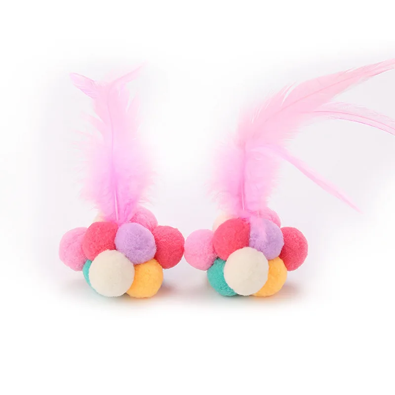 

Colorful Elastic Feather Pet Toy With Bells Handmade Cat Toy Ball Flexible Cat Toy Colorful Badminton, Pink,white