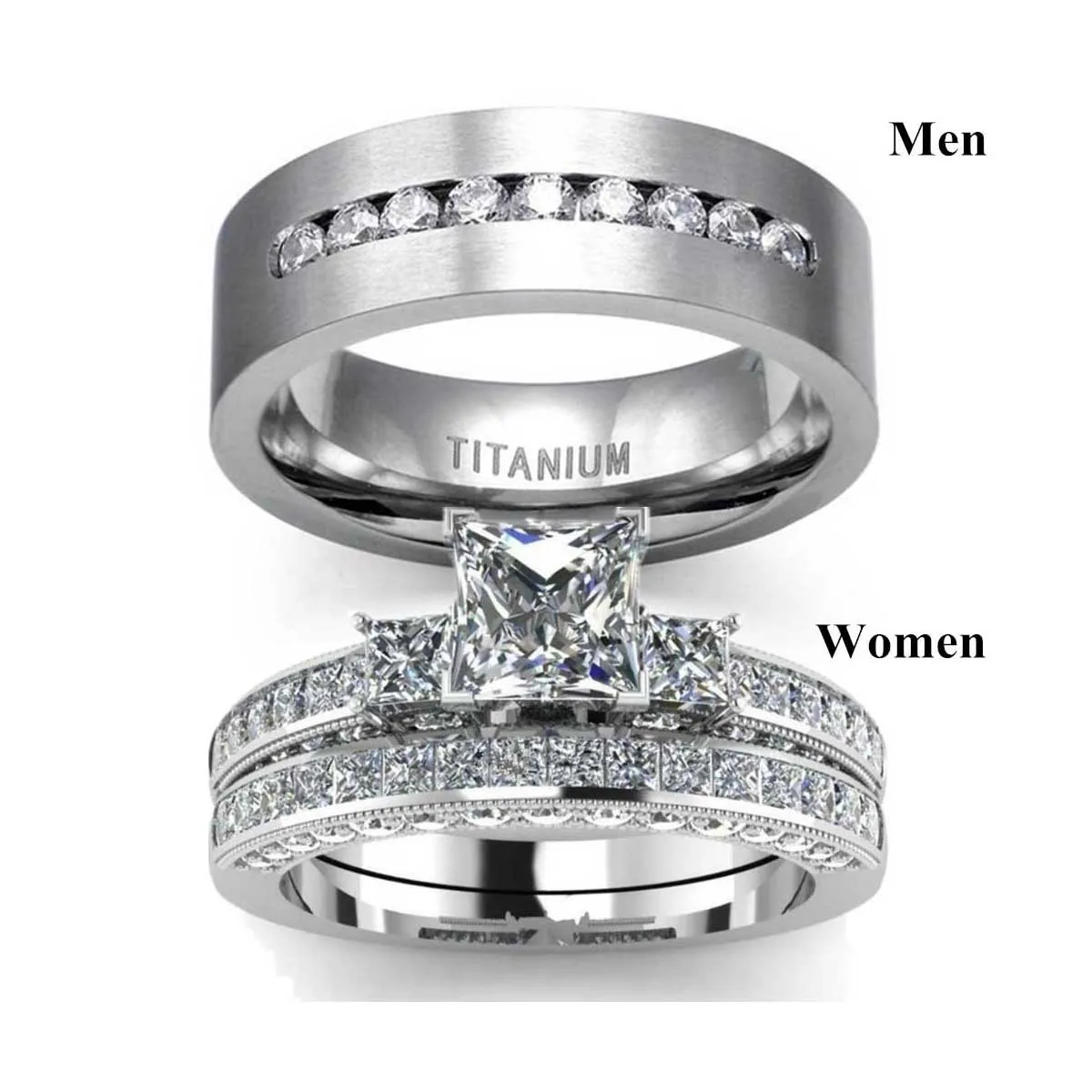 White Gold Plated Stainless Steel Diamond Couple Ring set Square Crystal Titanium Steel Engagement Wedding Ring for Bridal