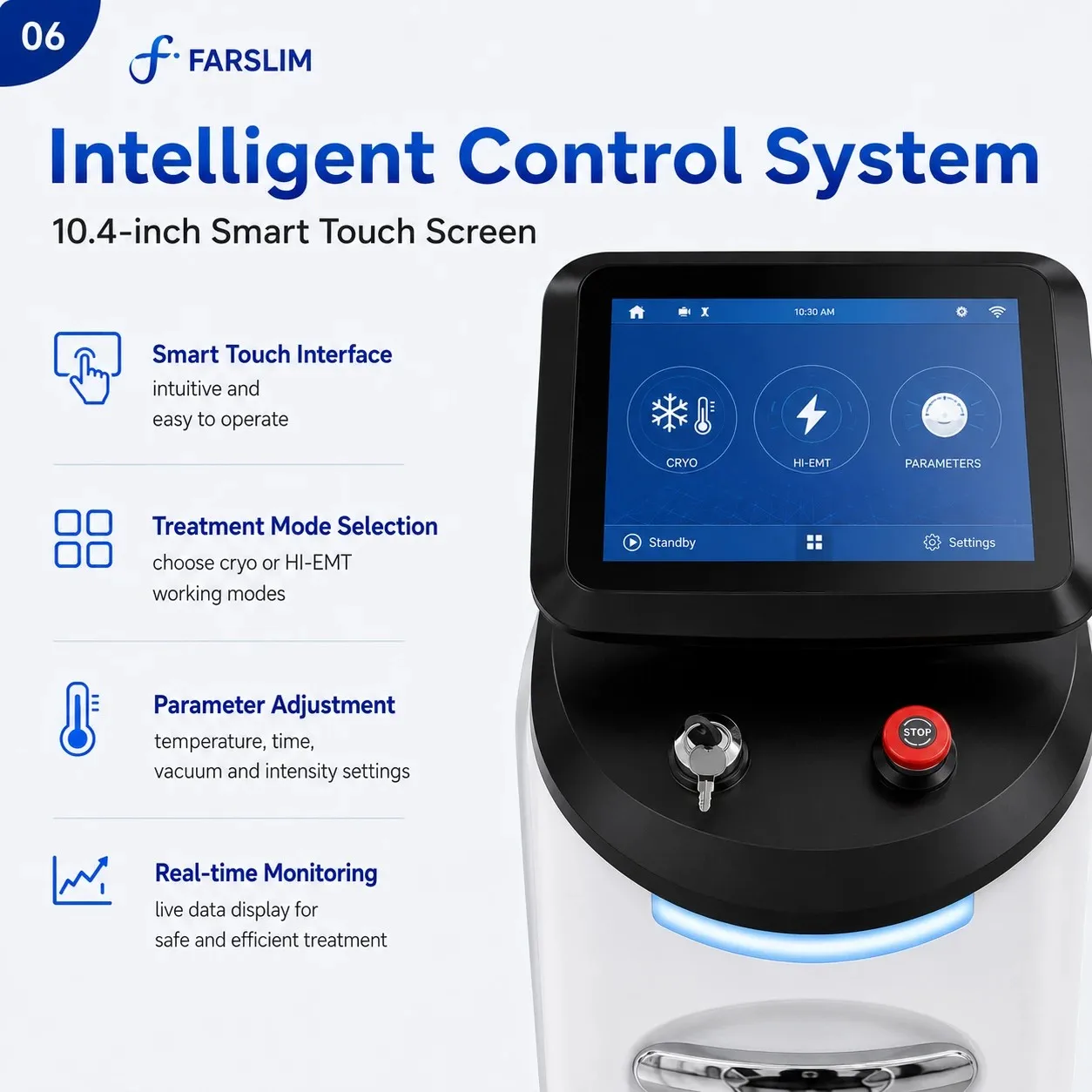 FARSLIM LD11 Pro intelligent 10.4-inch touchscreen for mode selection, treatment parameters, and real-time monitoring.
