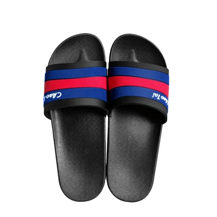 

shoes wholesale from china Support custom classic red and blue striped men's home slippers comfortable and non-slip