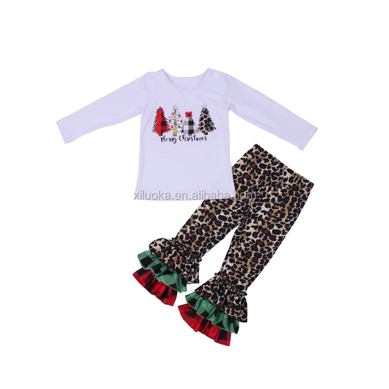 

2021 Ruffle Bottom Leopard Pants Tree Vinyl Shirts Girl Boutique Cheetah Clothing Set