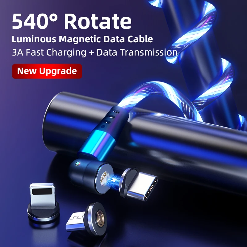 Greenport-540 degree rotating 3A magnetic fast charging L shape flowing light magnetic usb cable 3 in 1 quick with data transfer