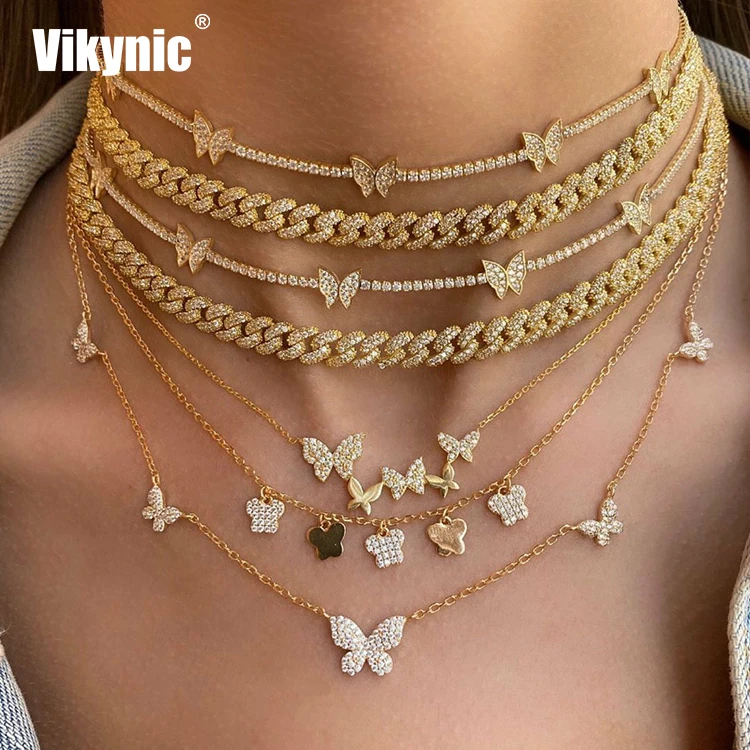 

2021 Fashion Luxury 18K Gold Plated Crystal Zircon Cuban chain Butterfly Necklace