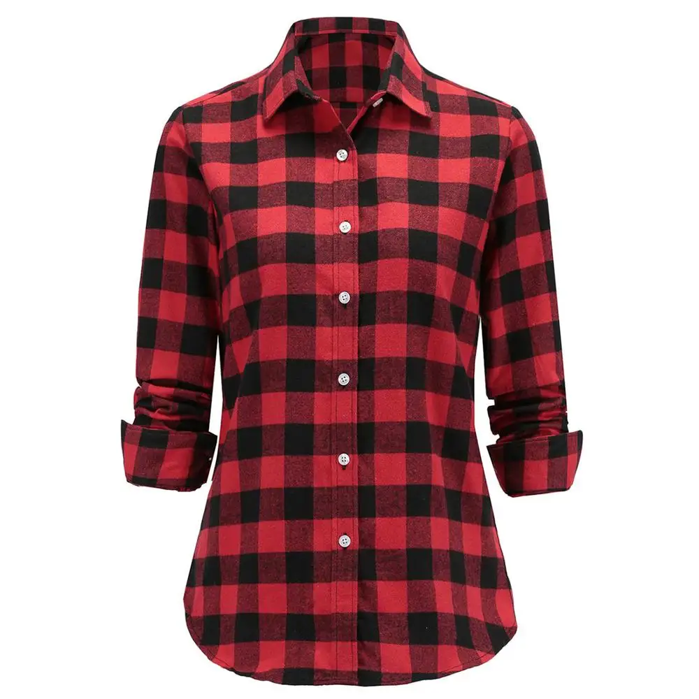 

Long Sleeve Turn Down Collar Blouse Flannel Plaid Button Down Women Shirt