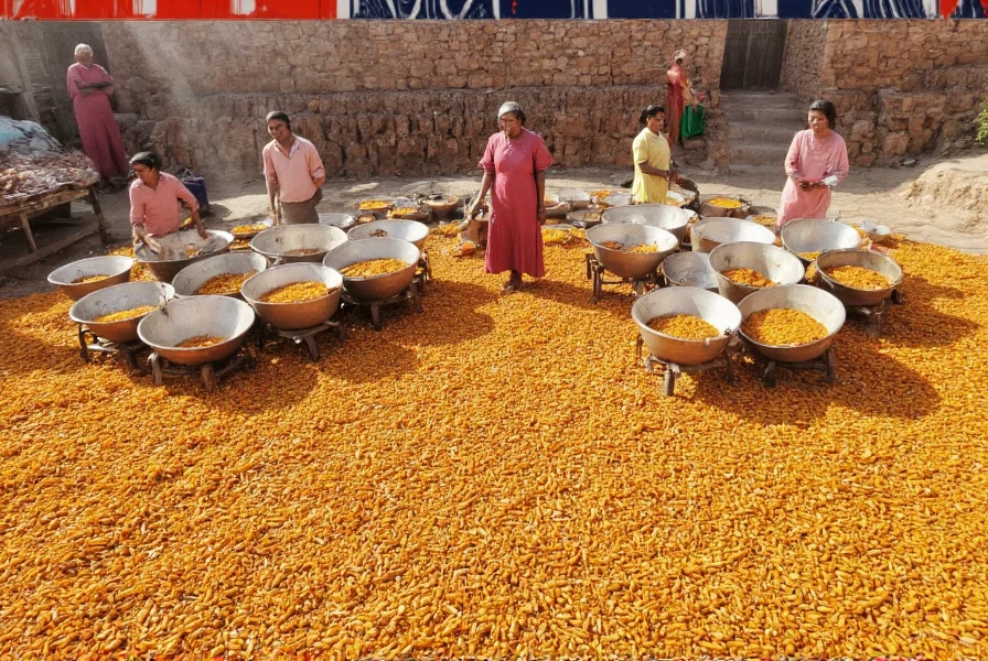 Traditional turmeric processing in India showing workers boiling and drying rhizomes in sunlight