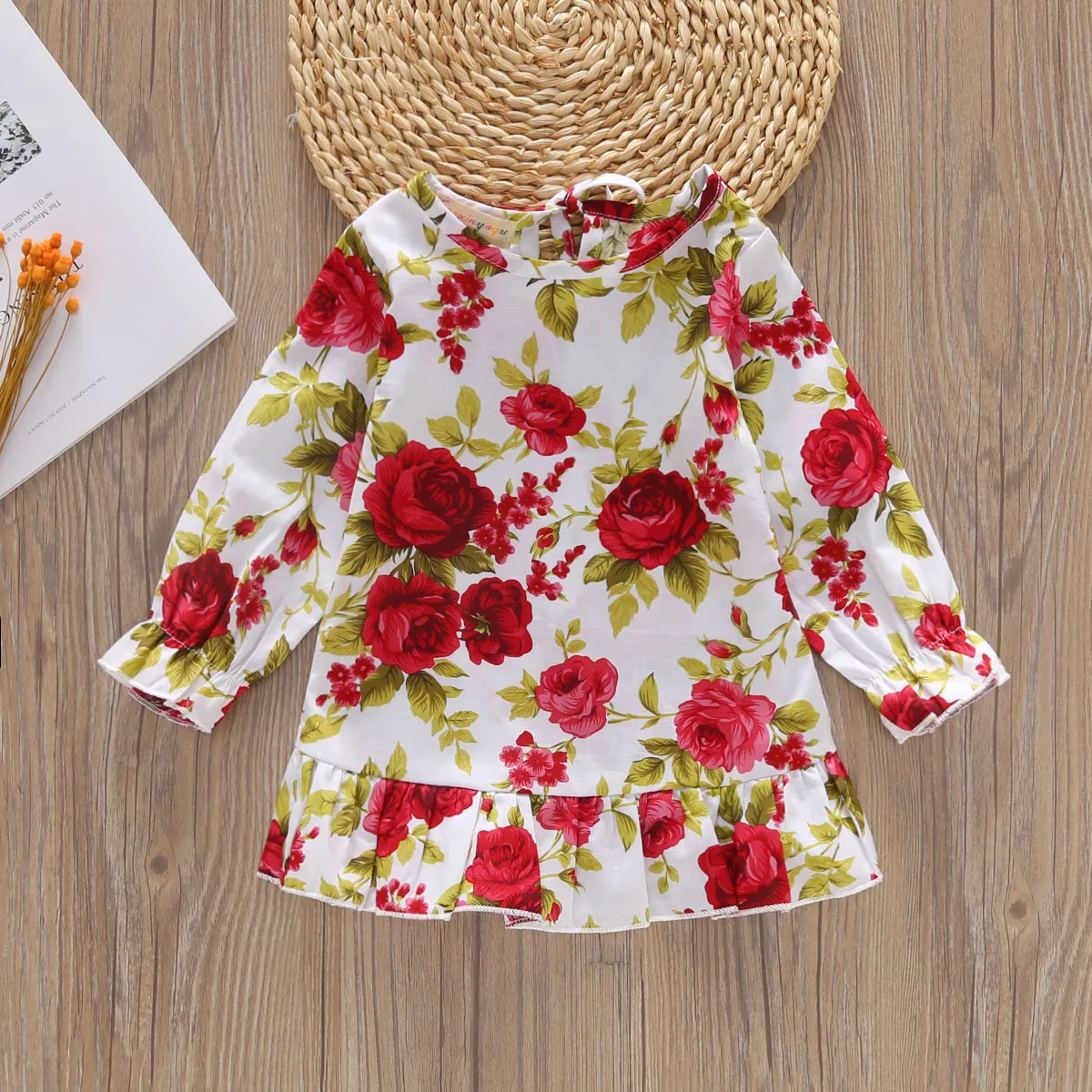 

Hot Sale Kids Girls Cotton Rose Print Round Collar Long Sleeve Tops