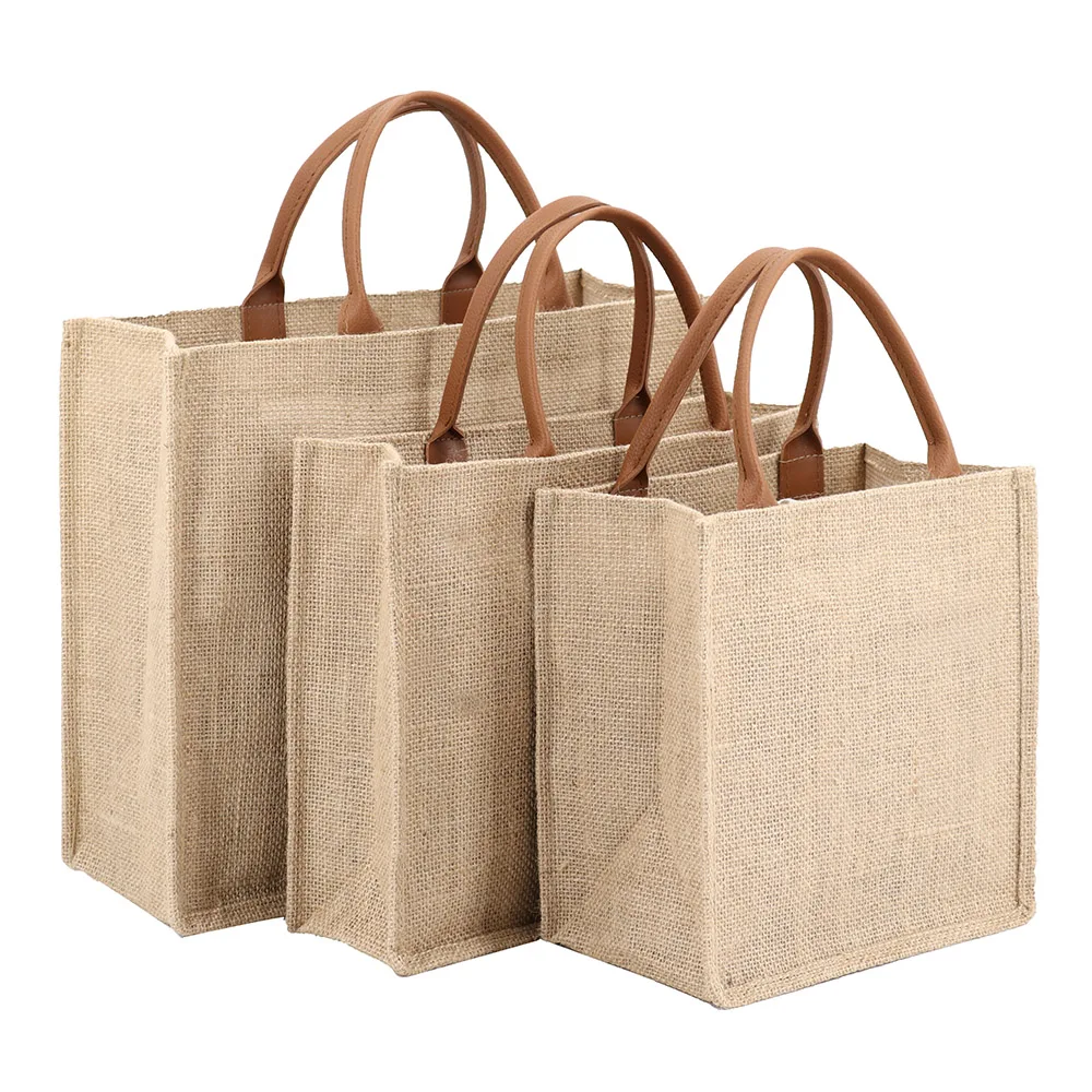 

Factory Wholesale Natural Jute Tote Bag Leather Handle Grocery Shopping Bag Burlap Carry Beach Wine Bag, Natural, customizable