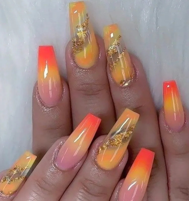 

Orange yellow ombre bling artificial nails press on nails press on 2021 french press on nails