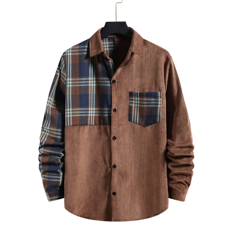 

Men's Youth Corduroy Plaid Contrast Men's Long Sleeve Shirt Printing Pattern Shirt