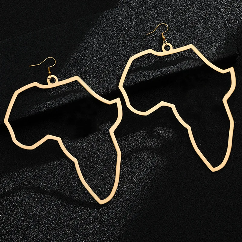 

HONGTONG Factory Outlet Amazon Hot Fashion Glossy Gold-plated Stainless Steel Africa Map Pendant Exaggerated Large Earrings, Picture