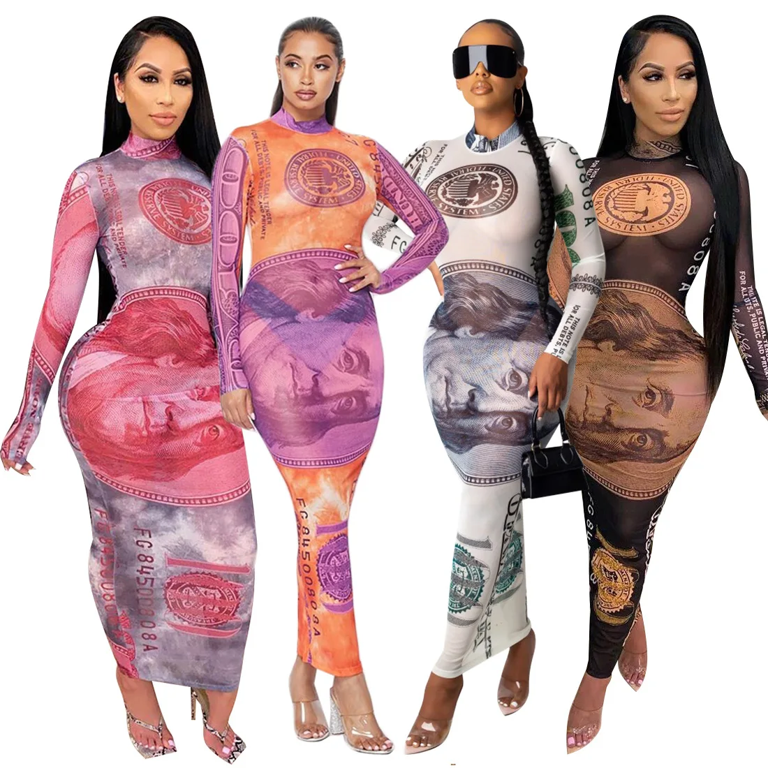 

Autumn and spring women money printed maxi dress long sleeve bodycon one piece for women casual ladies dress, 3 colors