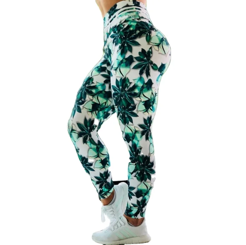 

Women's green leaf flower print fitness clothes leggings yoga pants women sexy girls wearing yoga pants