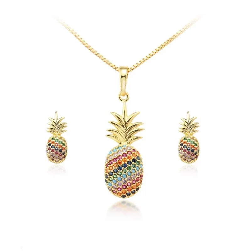 

Foxi Jewelry Custume CZ Stone Studded Pineapple Stud Earrings and Pendant Necklace Sets