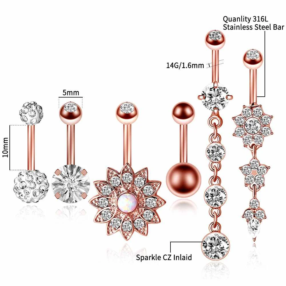 

Amazon 316l Stainless Steel Rose Gold Belly Ring 6set Human Body Piercing Accessories Jewelry