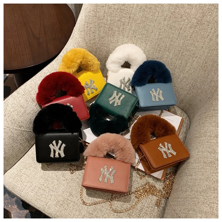 

Popular women ny fur handle purse bag women fashion winter luxury crossbody shoulder fur handbags, 11 color options